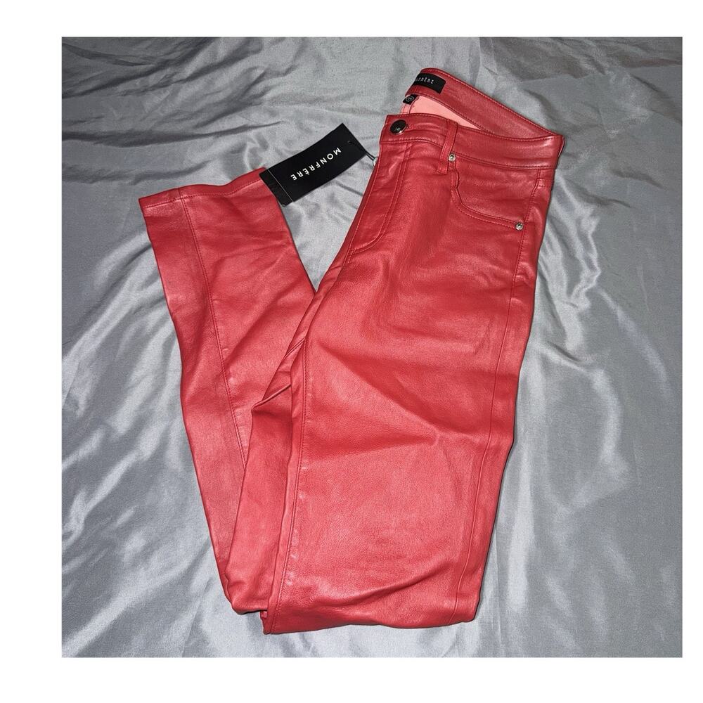 Monfrère Women's Red Leather Skinny Pants Slim Fit Mid Rise Pockets Button Zip